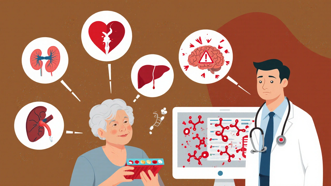 An elderly person surrounded by pills and health condition icons, looking confused as a doctor ignores alert screens.