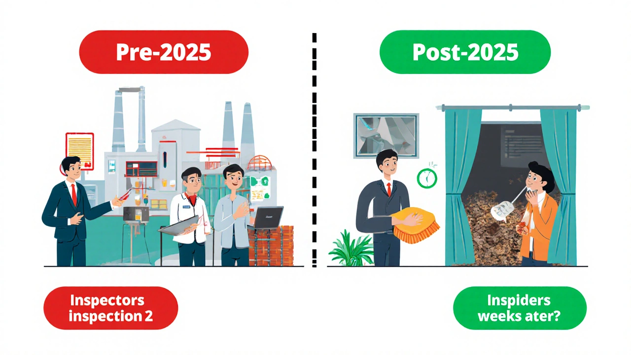 Contrast between U.S. and foreign drug factories before and after 2025 inspection reforms.
