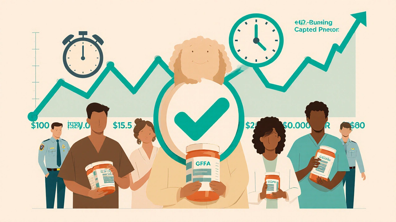 Diverse patients holding generic pills with falling drug prices, FDA inspectors, and a speeding clock in the background.