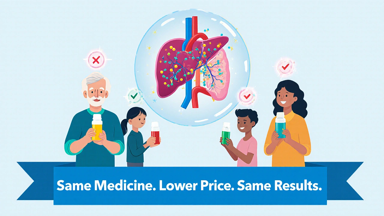 Diverse people holding generic pills with glowing checkmarks, showing identical drug effects inside organs.
