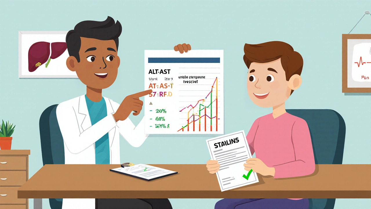 Doctor and patient reviewing a chart showing improved liver enzymes and heart health with statins.