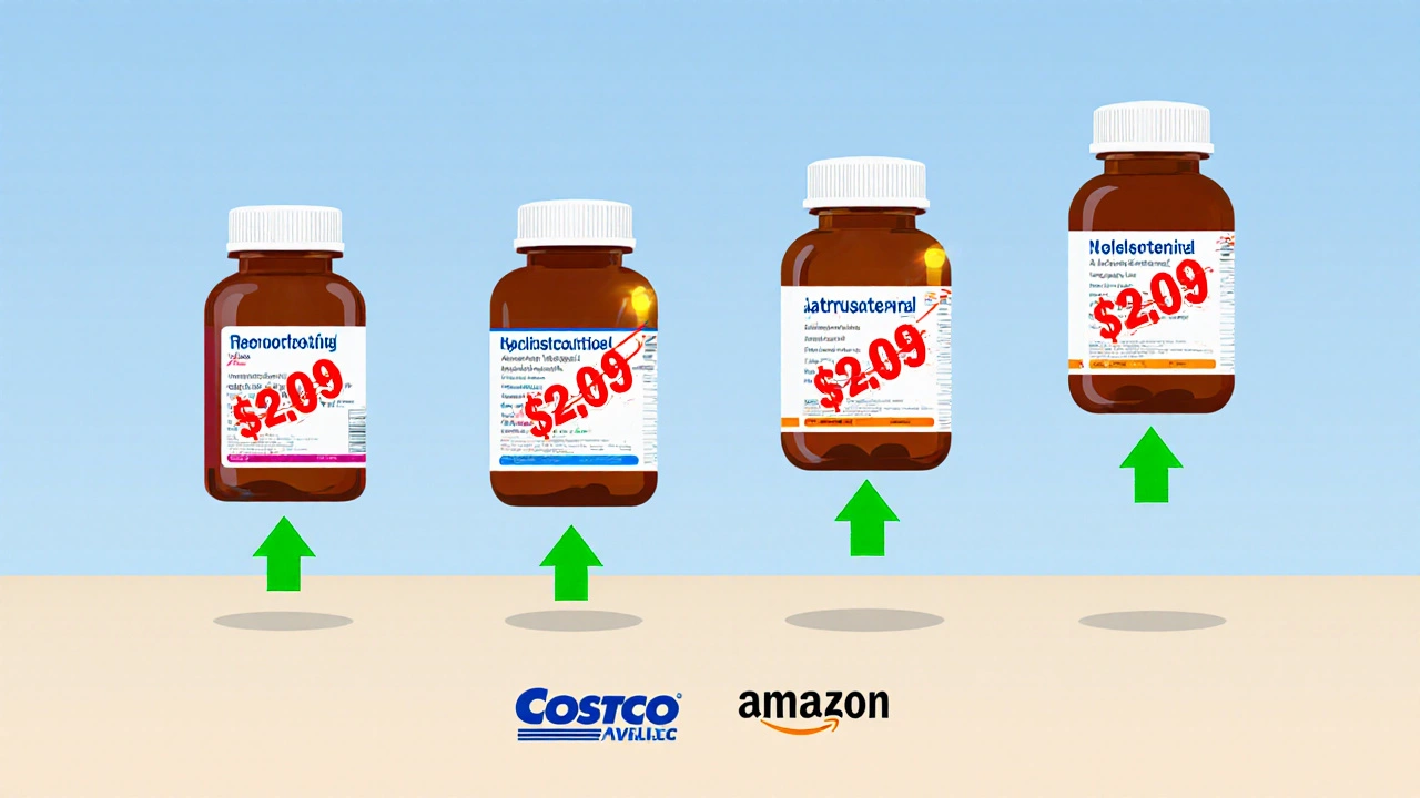 Floating pill bottles comparing prices of expensive vs common generics, with Amazon and Costco icons as price anchors.