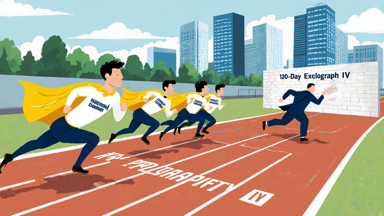 Generic drug companies racing toward a finish line marked &#039;180-Day Exclusivity&#039;, one with a Paragraph IV cape, blocked by a patent wall.