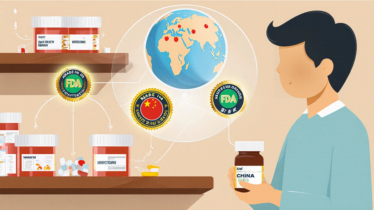 Generic pills on a shelf with transparent accountability chain leading to a U.S.-based certified official.