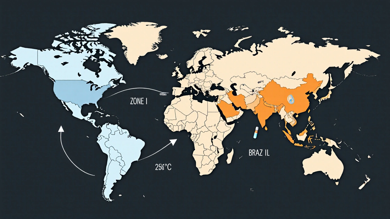 Global map showing climatic zones and vials traveling from lab to markets