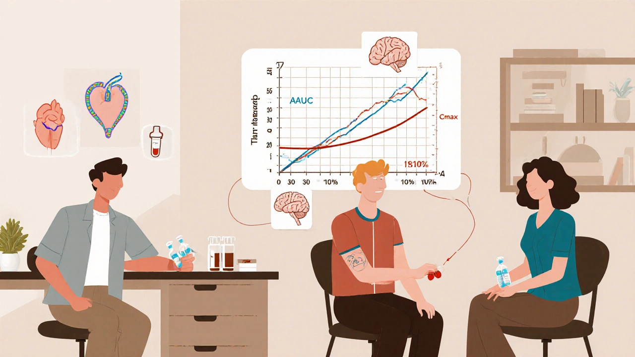 Healthy volunteers in a lab having blood drawn while a graph shows matching drug absorption levels.