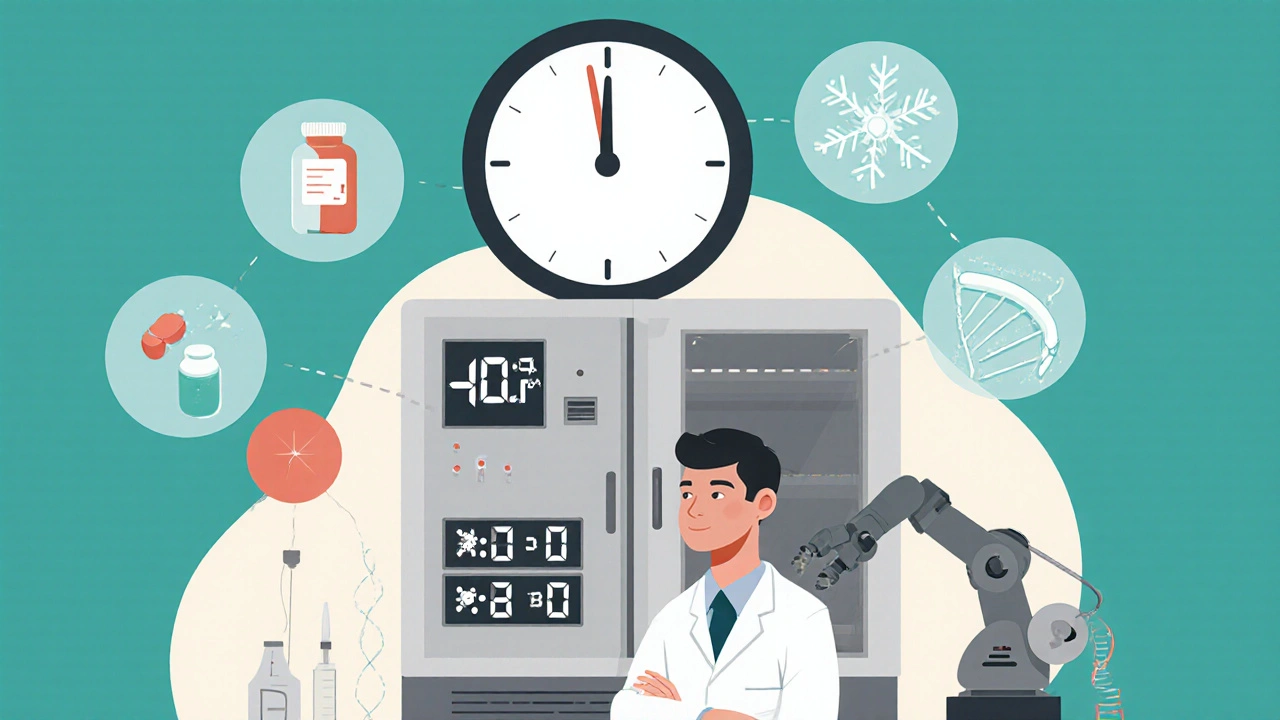 Lab technician monitoring a stability chamber with floating degradation icons