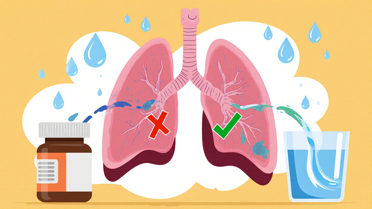 Lung diagram showing blocked mucus vs. clear airways with medicine icons and water droplets.