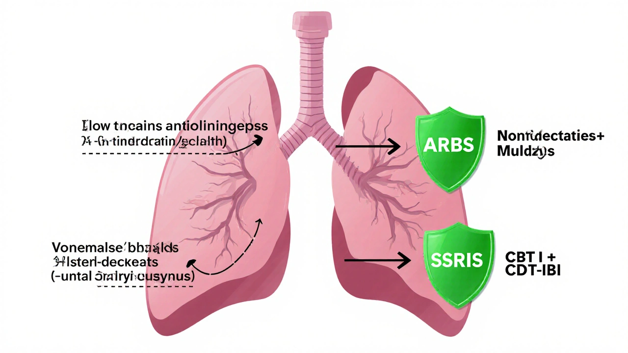 Lungs protected by green shields from dangerous drug interactions