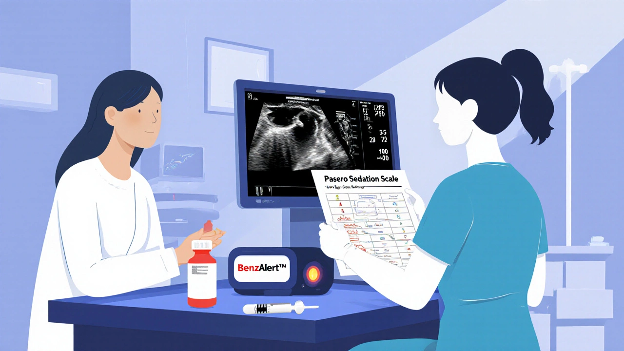 Medical team using ultrasound on sedated patient, BenzAlert™ monitor and naloxone nearby