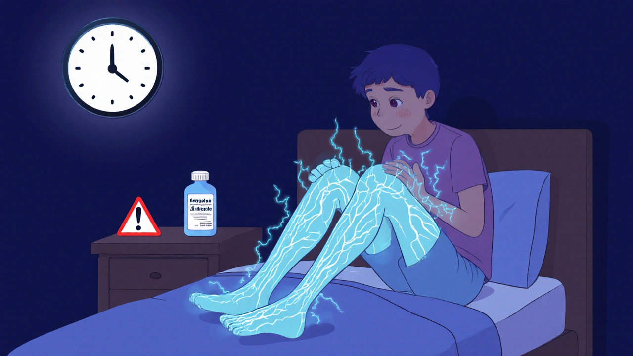 Person in bed at night holding feet, glowing electric lines climbing legs, symbolizing nighttime neuropathy pain.