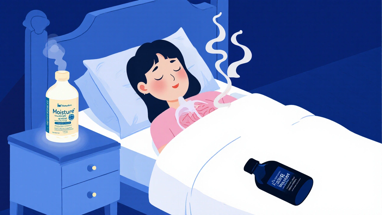 Person sleeping peacefully with a hydration-enhanced cough medicine bottle glowing nearby.
