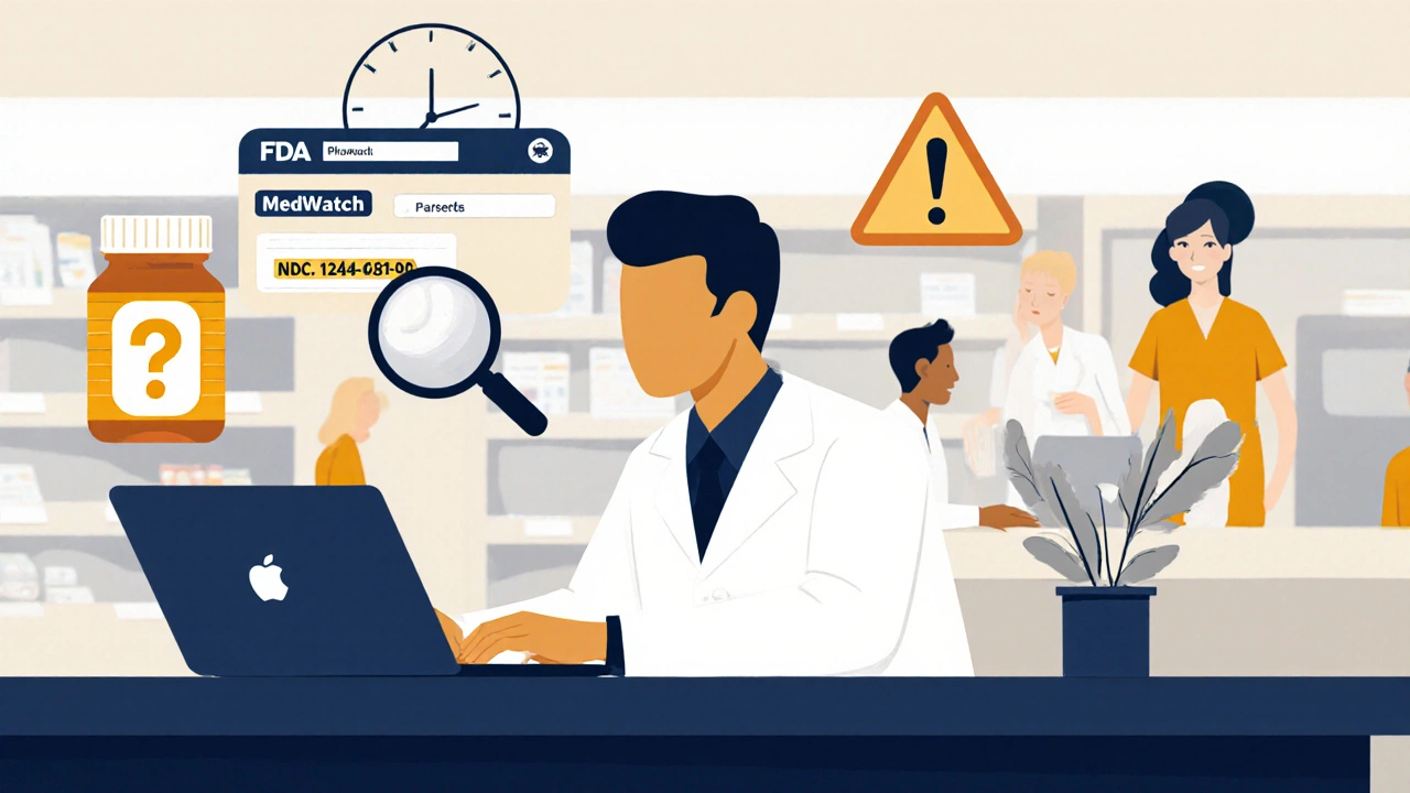 Pharmacist submitting a generic drug safety report to the FDA MedWatch portal with key drug information visible.