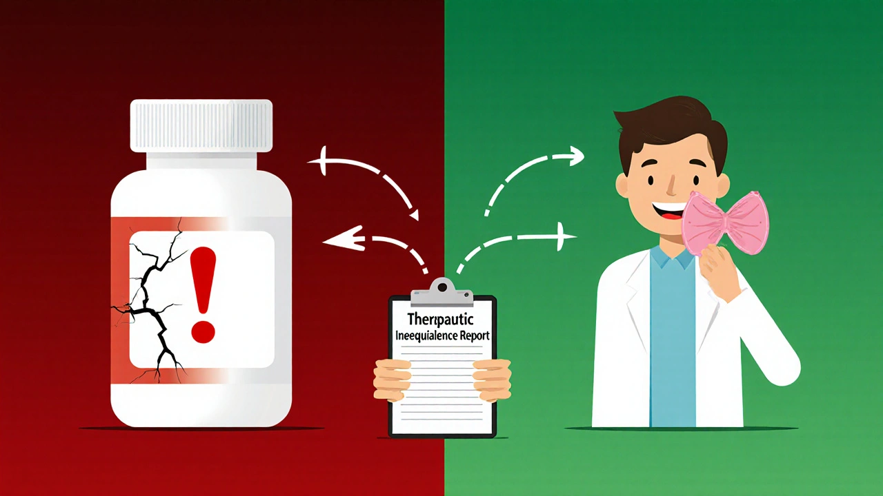 Split illustration showing a dangerous generic drug on one side and a safe patient outcome on the other, connected by a pharmacist&#039;s report.