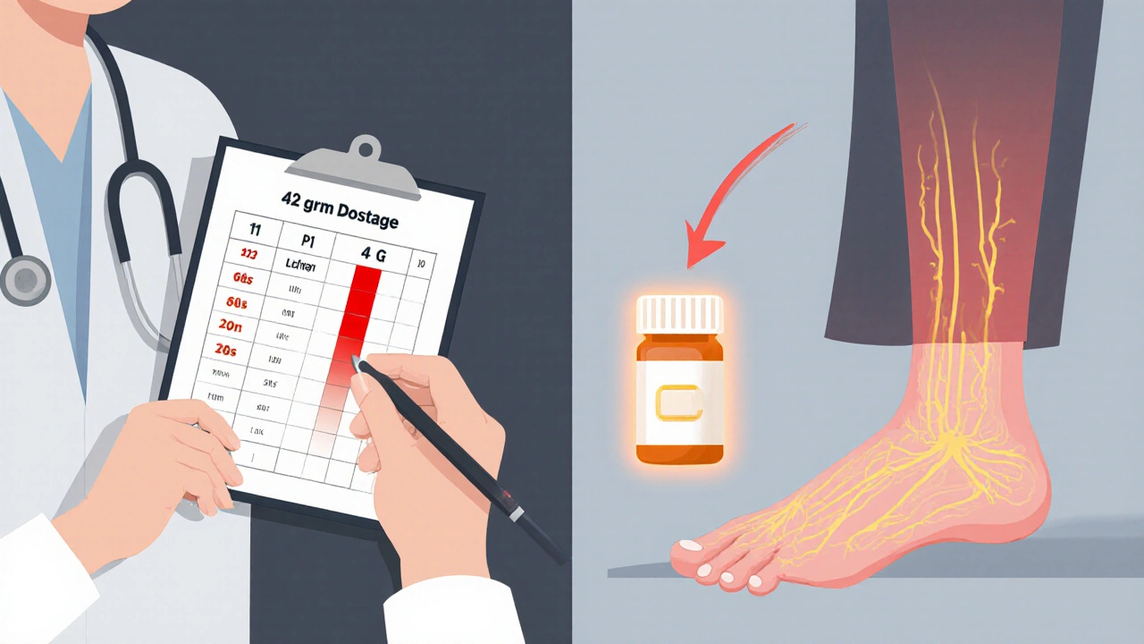 Split scene: doctor with dosage chart and patient with impaired walking, showing risk of long-term metronidazole use.