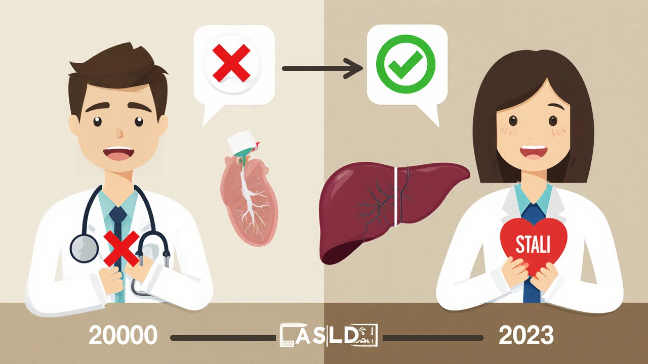 Split-screen: outdated fear of statins vs. modern evidence showing safety and benefits for liver and heart.