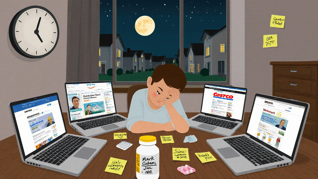 Tired person surrounded by five pharmacy websites at night, one untouched pill in center under moonlight.