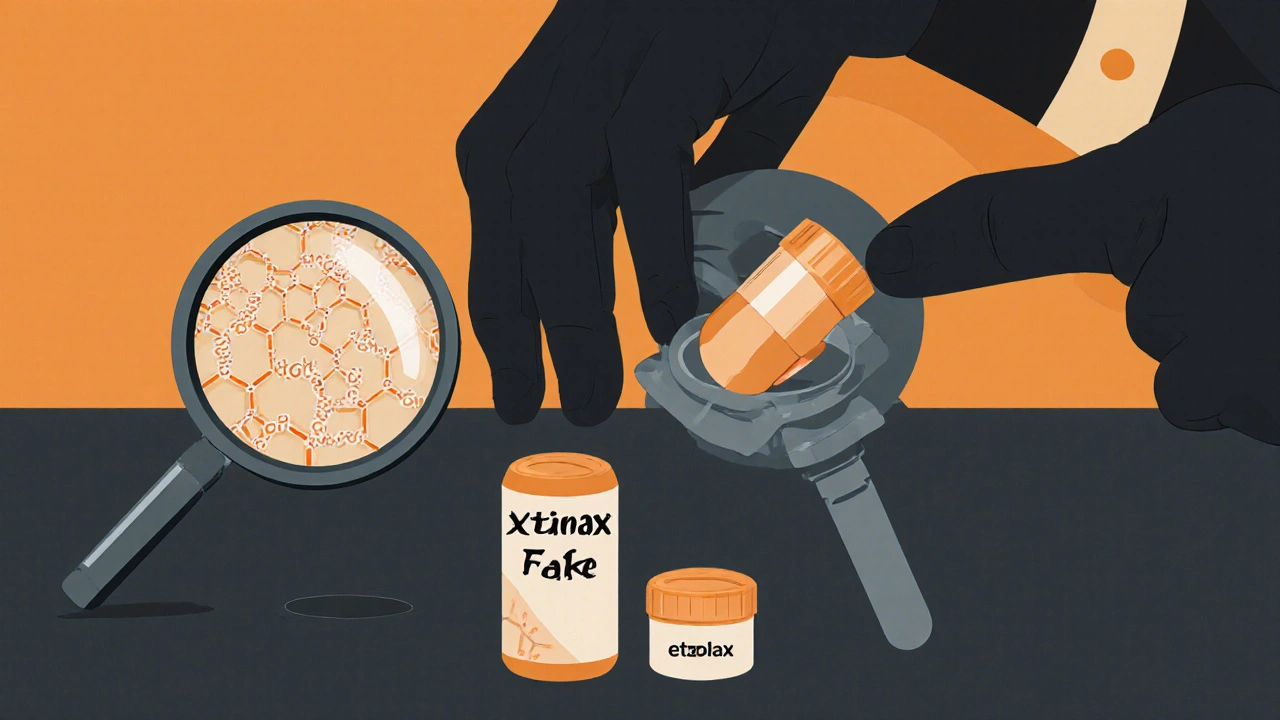 Two counterfeit pills on countertop with magnifying glass revealing hidden chemical structures