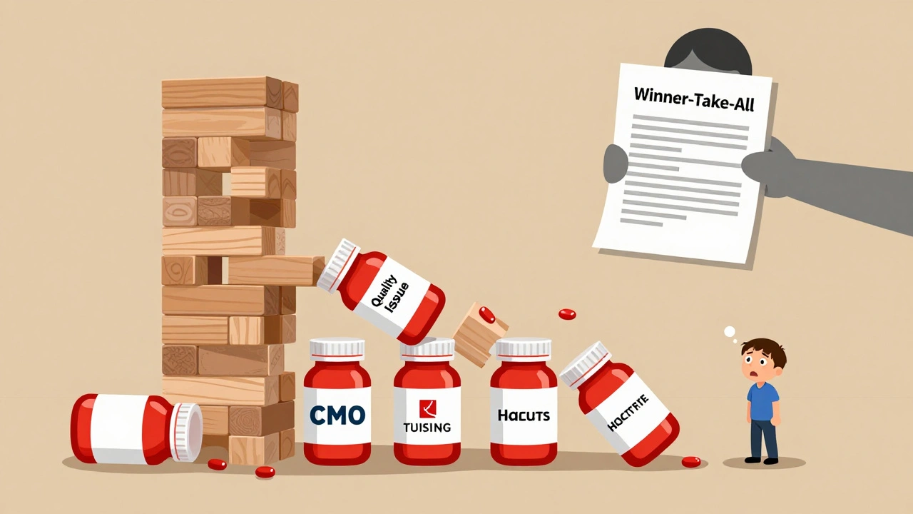 A Jenga tower of pill bottles collapses as one manufacturer&#039;s quality issue causes multiple drug shortages, a patient watches helplessly.