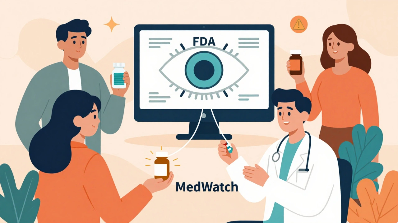 A patient gives a pill bottle to a doctor as reports flow to an FDA monitoring hub.
