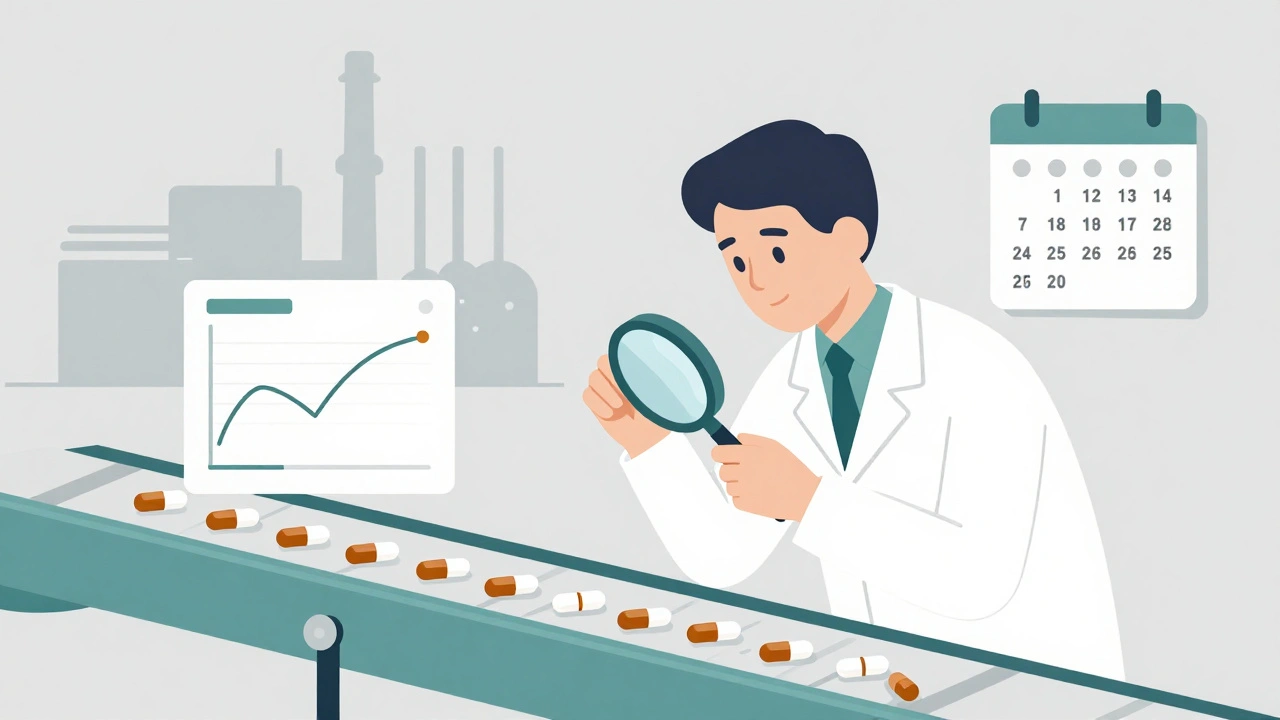 An inspector examines generic pills on a conveyor belt with digital health data panels.