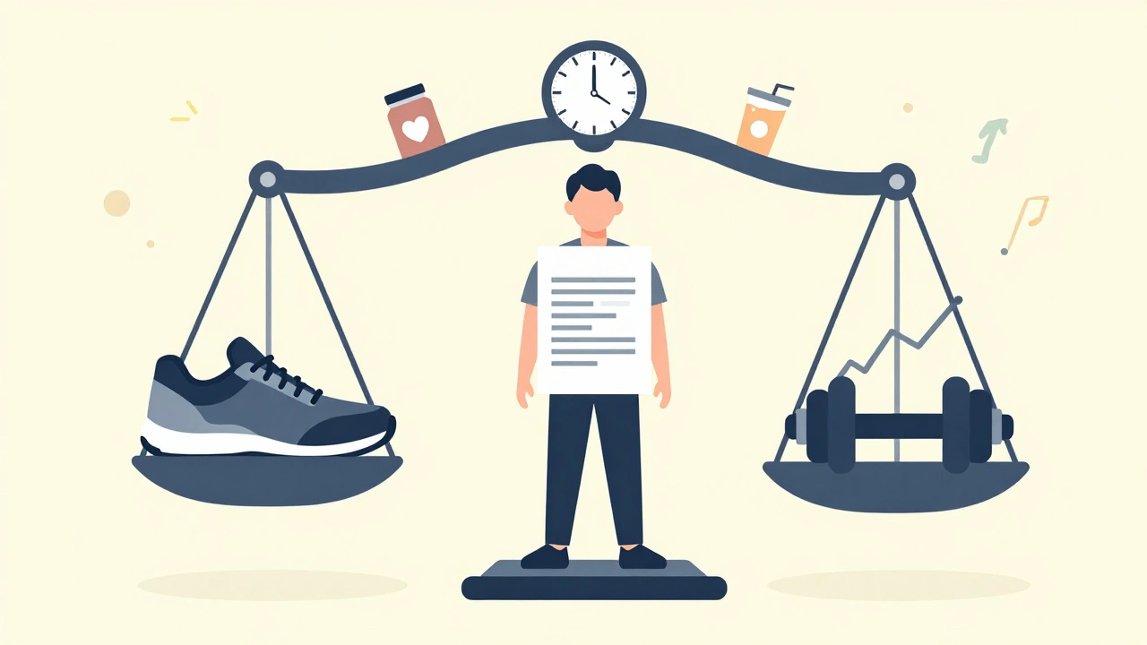 Balanced scale with cardio and strength symbols, person standing beside a body composition chart.