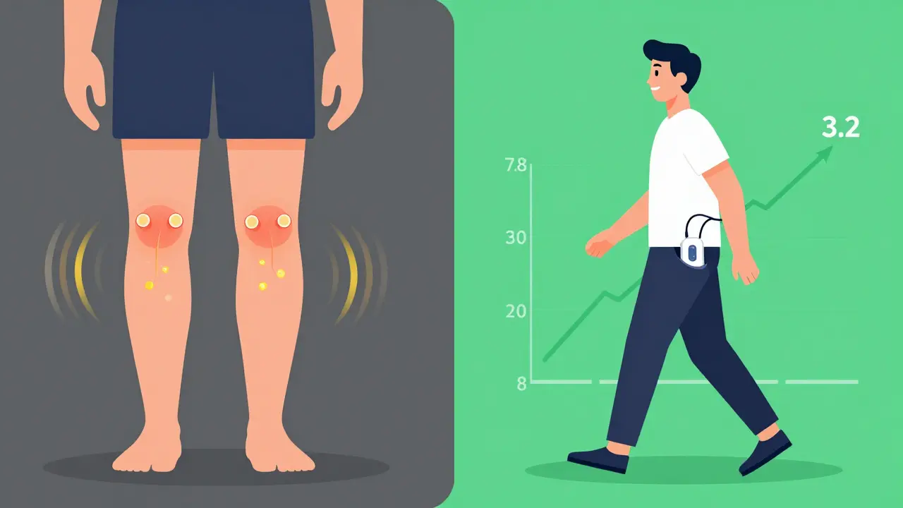 Before and after illustration of arthritis patient using TENS, pain score dropping as they walk comfortably.
