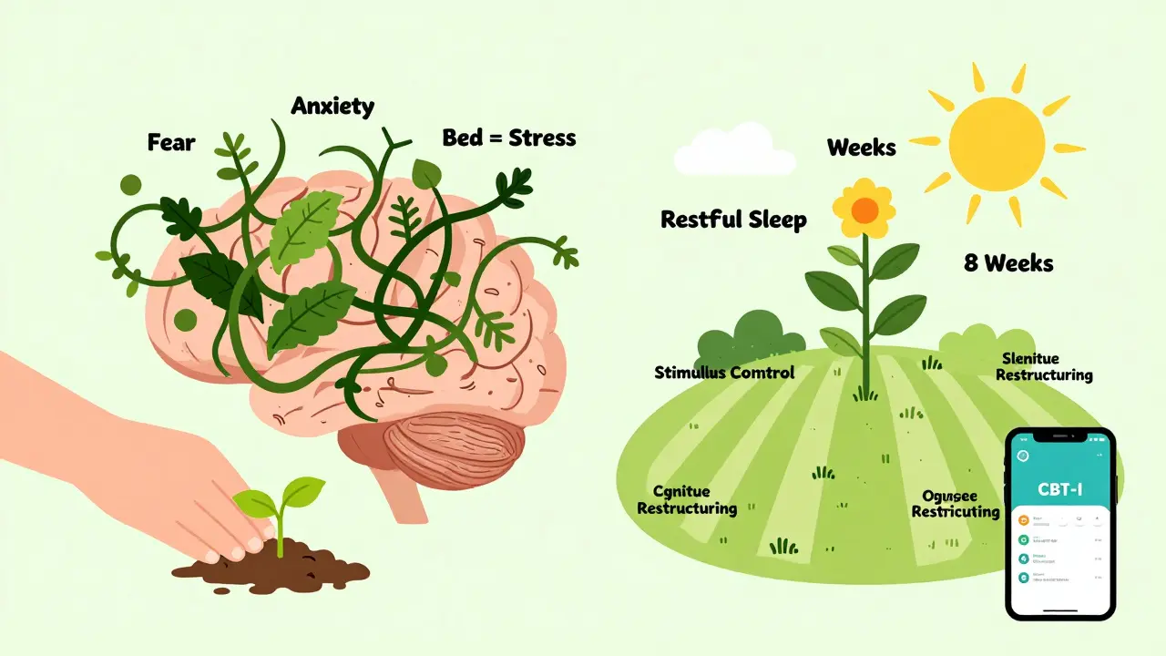 Brain as a garden with weeds of anxiety vs. healthy plants from CBT-I techniques, smartphone showing app in corner