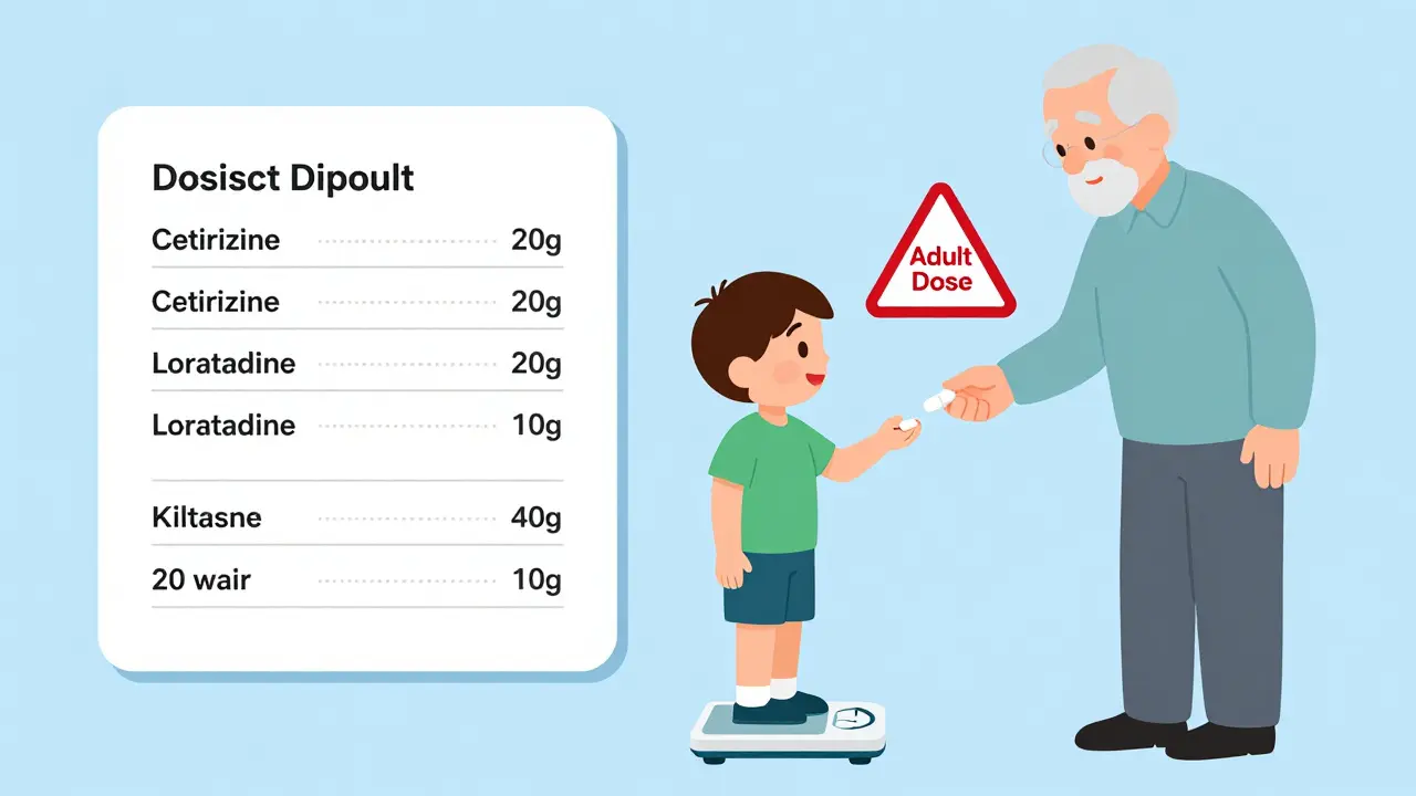 Child on scale with dosing chart, grandparent handing adult tablet with warning symbol.