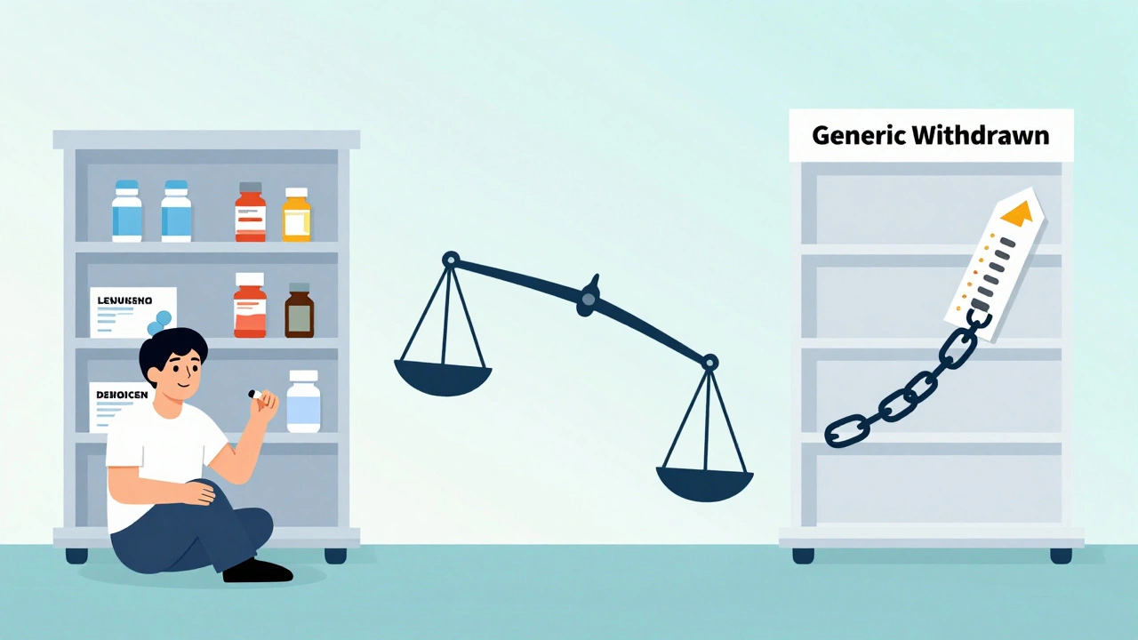 Contrast between accessible generics and withdrawn drugs on a balance scale
