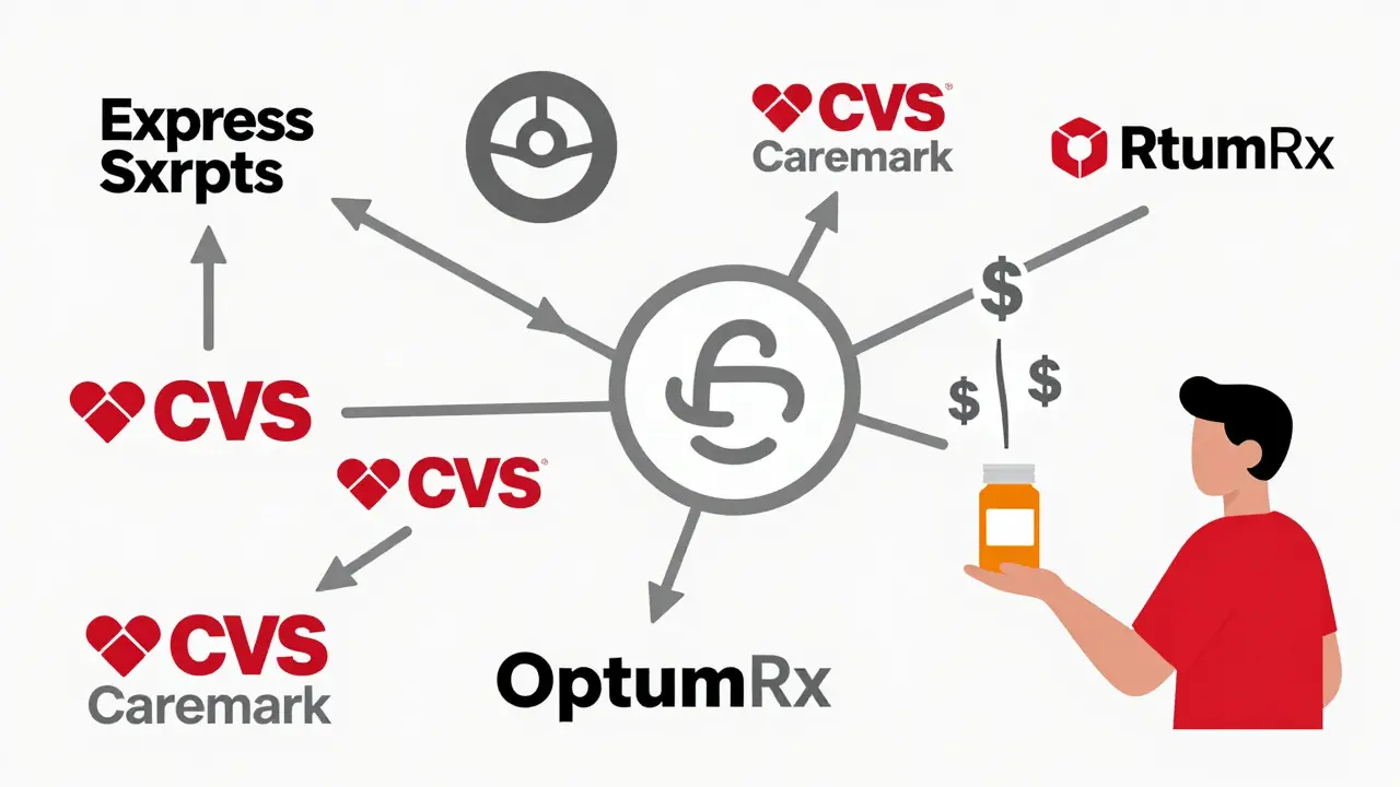 Corporate logos connected to patient with dollar signs rising from pill bottle.