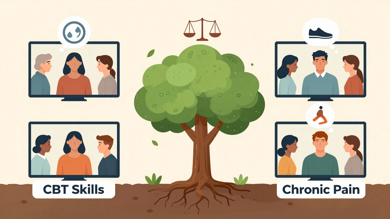 Diverse group in virtual therapy session with icons representing CBT tools growing from a skills tree.