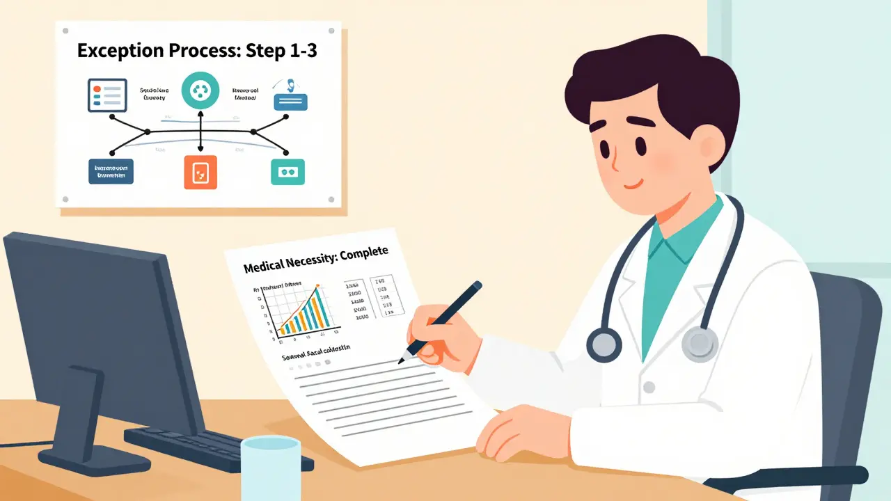 Doctor completing detailed medical appeal with clinical data on desk