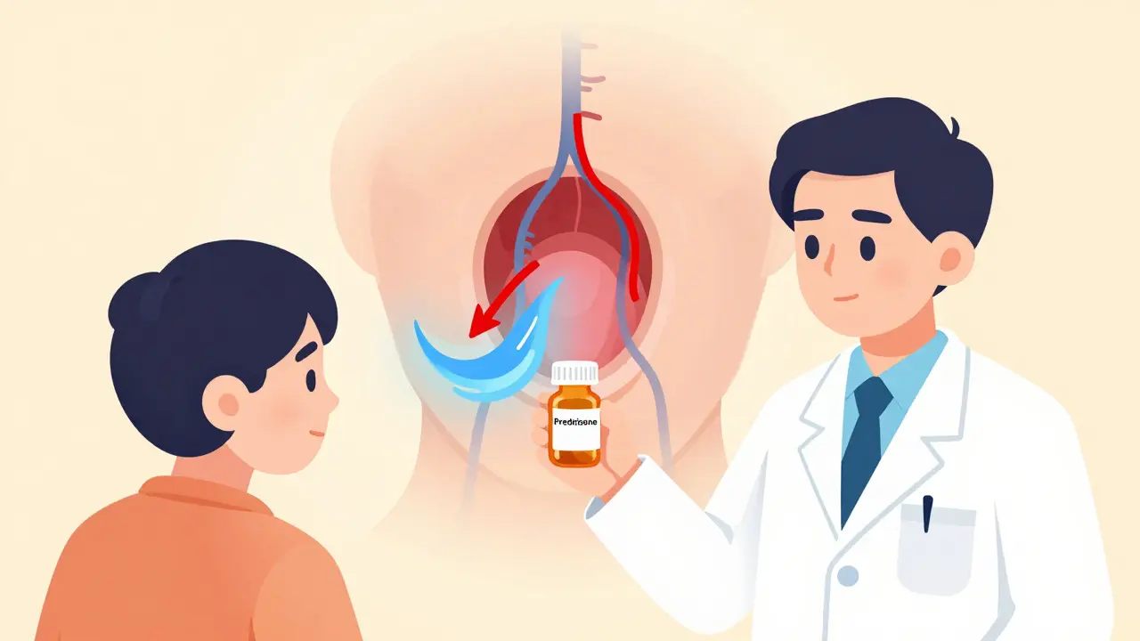 Doctor giving prednisone pill to patient with illustrated facial nerve being relieved.