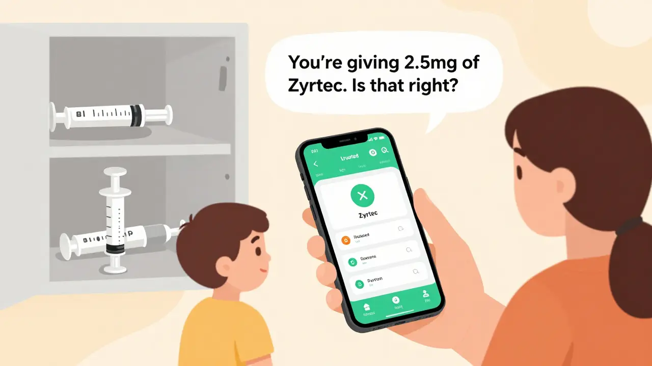 Family using medication app on phone with labeled syringes in cabinet, no kitchen spoons.