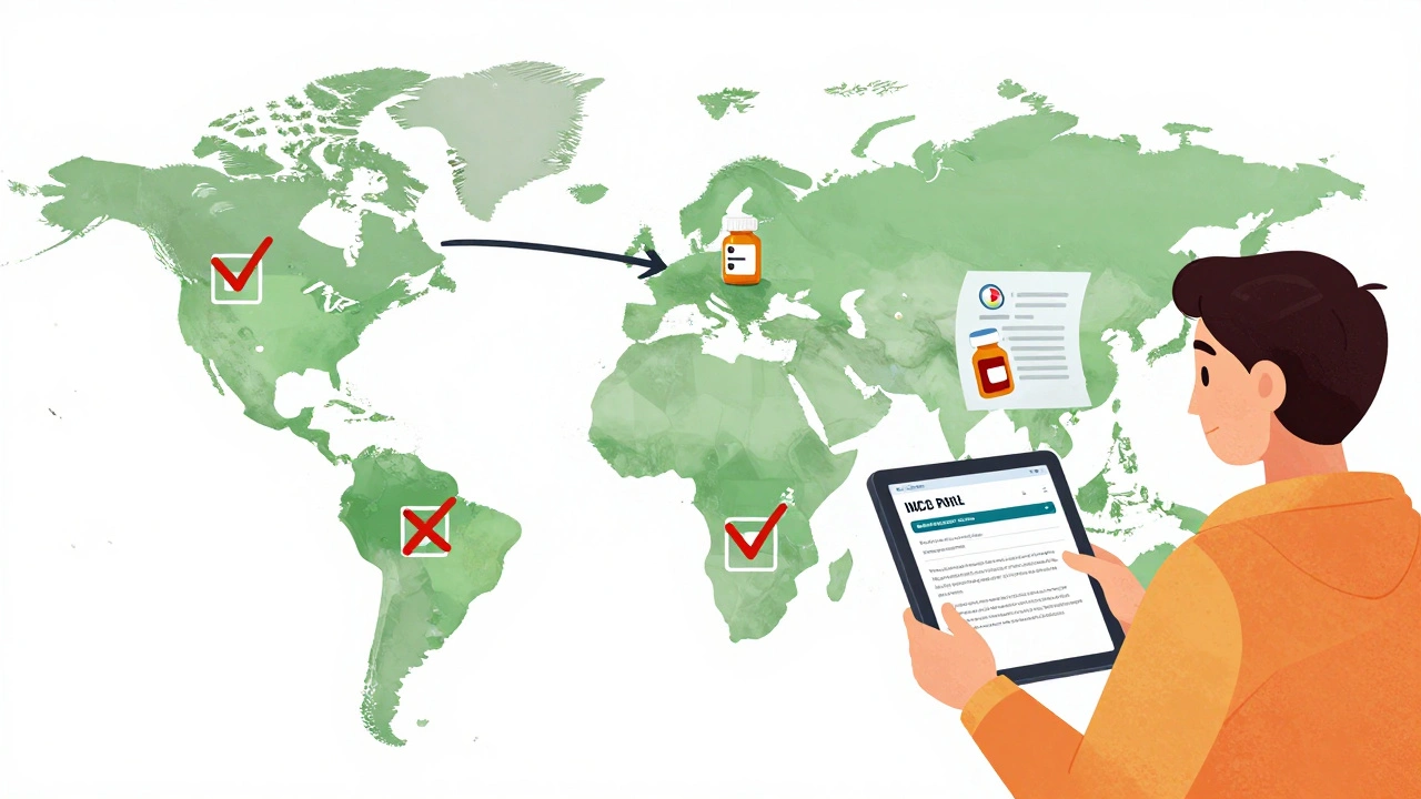 Global map showing restricted countries for medications, with traveler using INCB portal for travel prep.