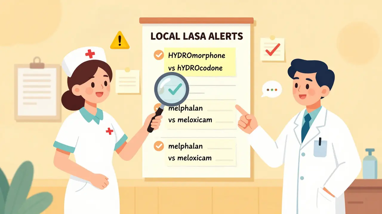 Hospital wall covered in handwritten LASA alert lists with highlighted drug name pairs.