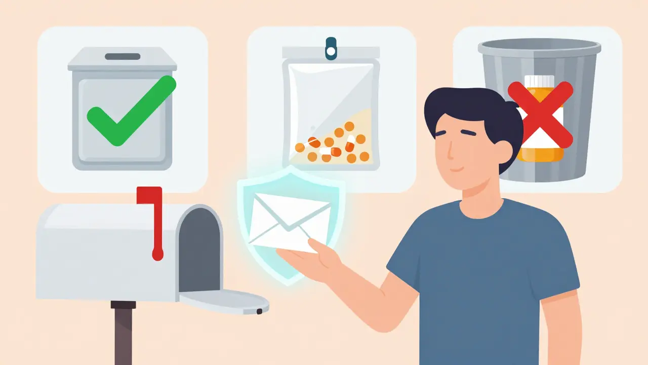 Mail-back envelope being dropped into a mailbox with a safety shield