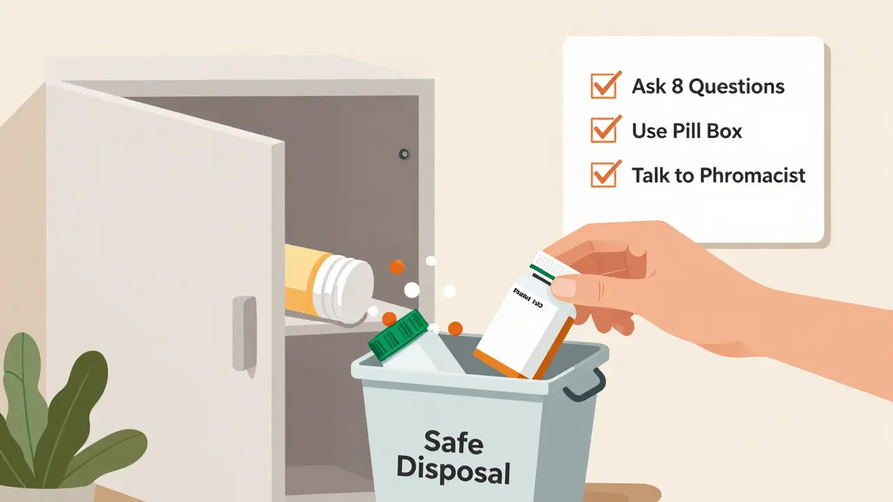 Medicine cabinet clutter with expired pills falling into a disposal bin, next to a safety checklist on the wall.