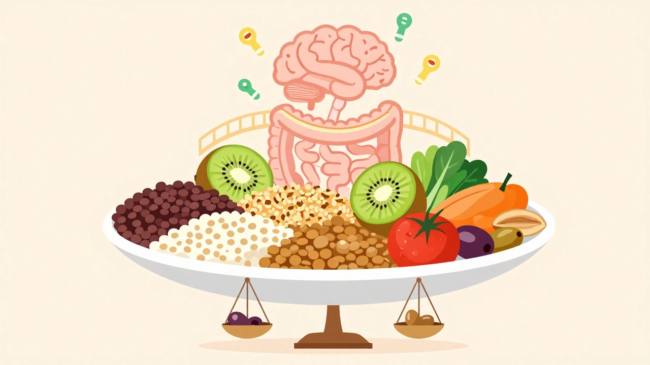 Mediterranean plate with fiber-rich foods and a glowing gut-brain connection, symbolizing health benefits.