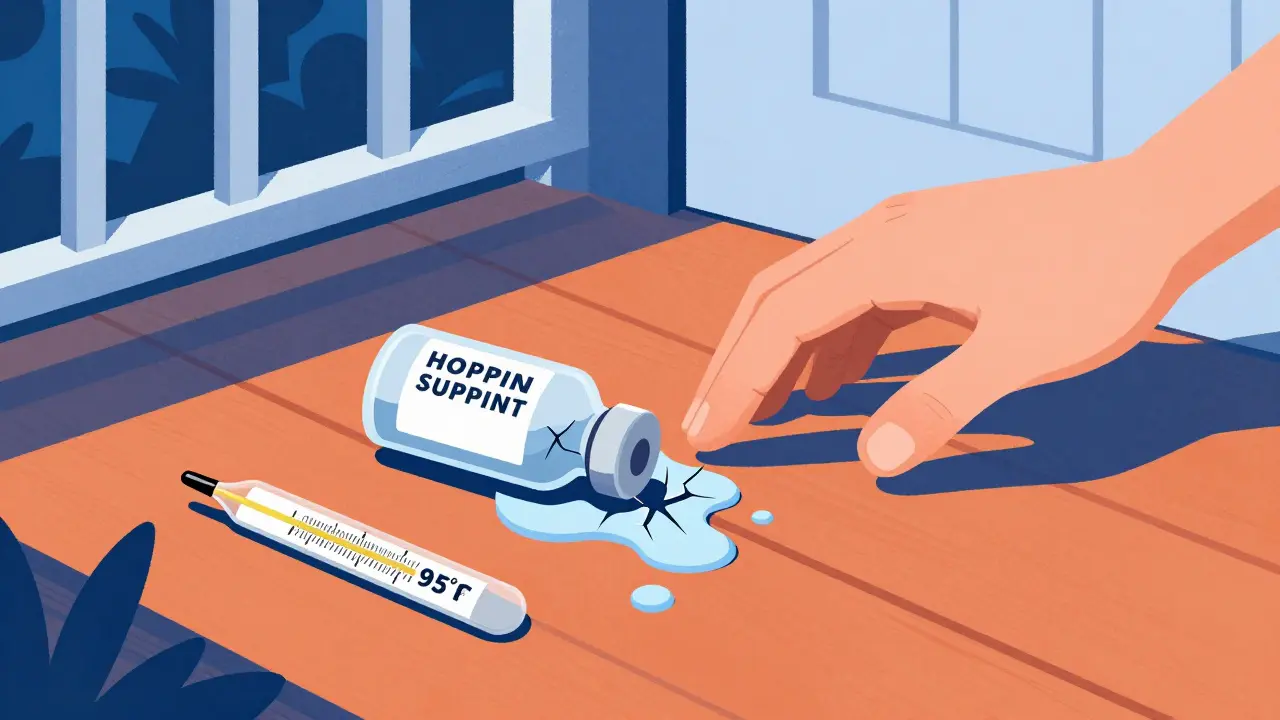 Melting insulin vial on hot porch with high temperature reading visible.