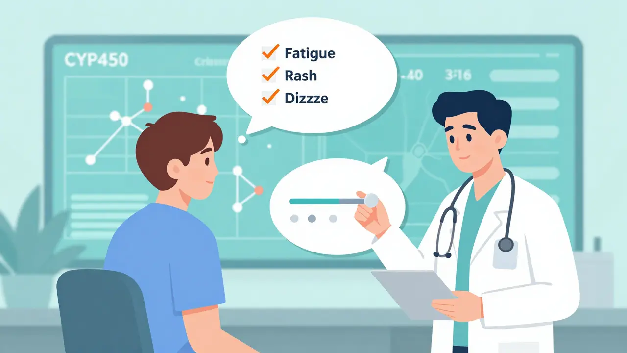 Patient and doctor discussing side effects, with visual checklists and genetic markers in the background.