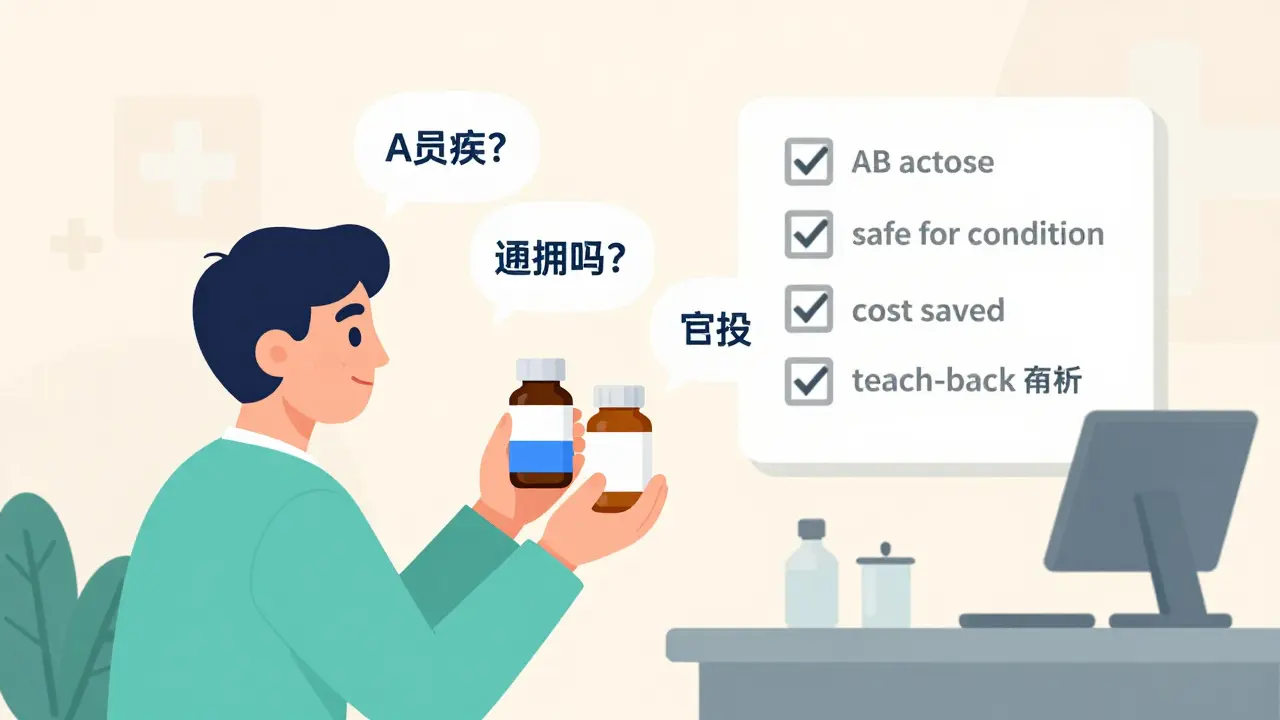 Patient compares brand and generic pills with pharmacist, checklist of key questions visible in background.