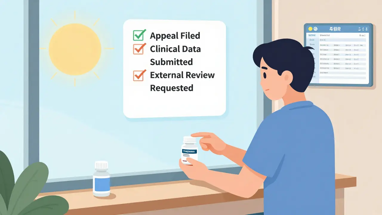 Patient receiving emergency medication supply with appeal checklist glowing above