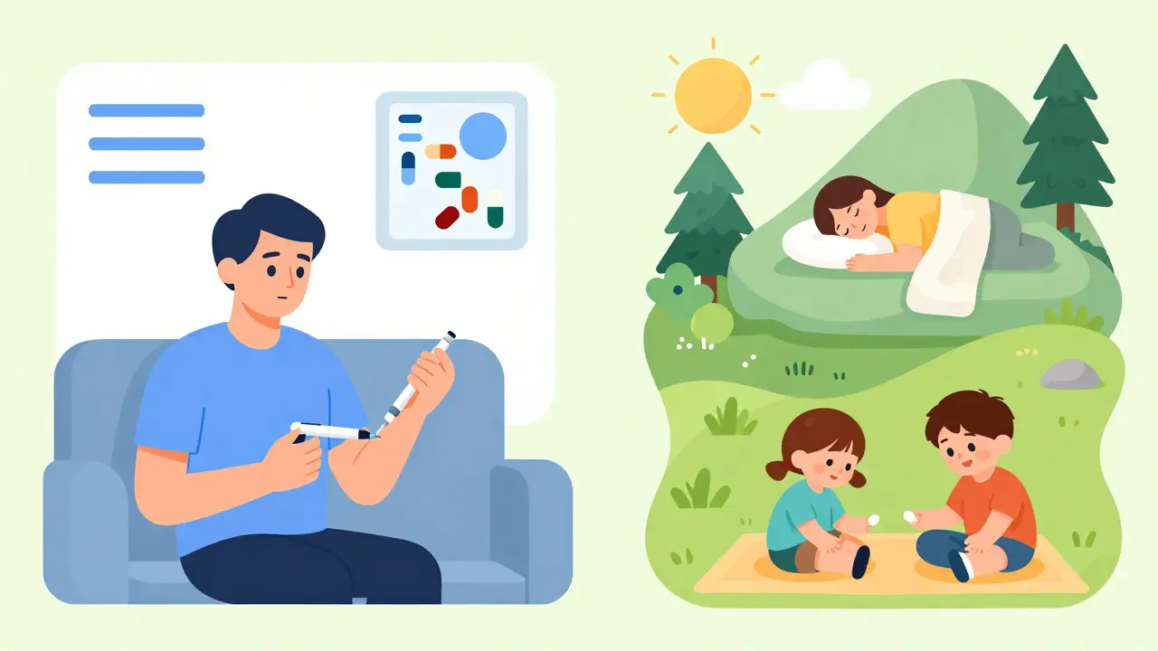 Patient self-injecting biologic therapy with contrasting past and present quality of life scenes.