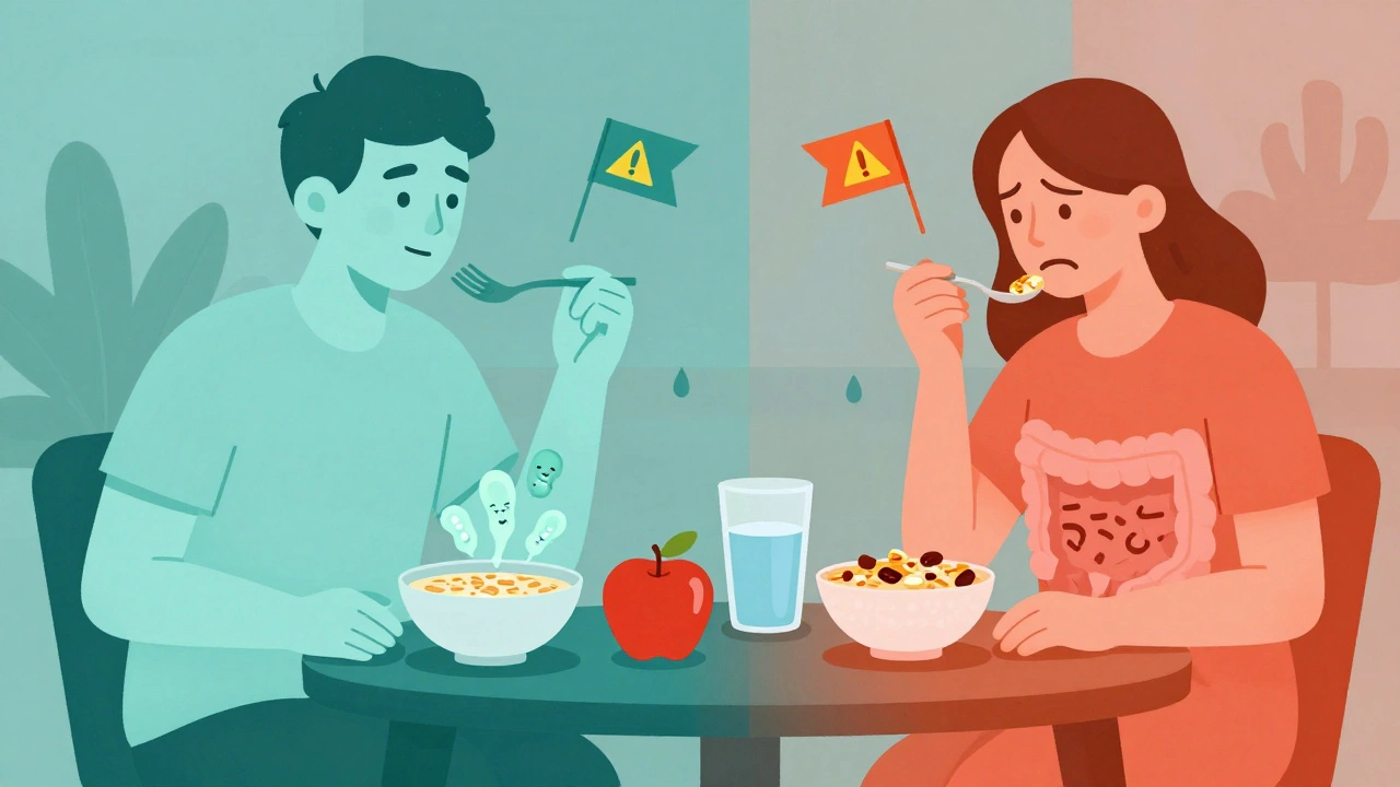 Person eating breakfast with calm soluble fiber side and tense insoluble fiber side, connected by water droplets.