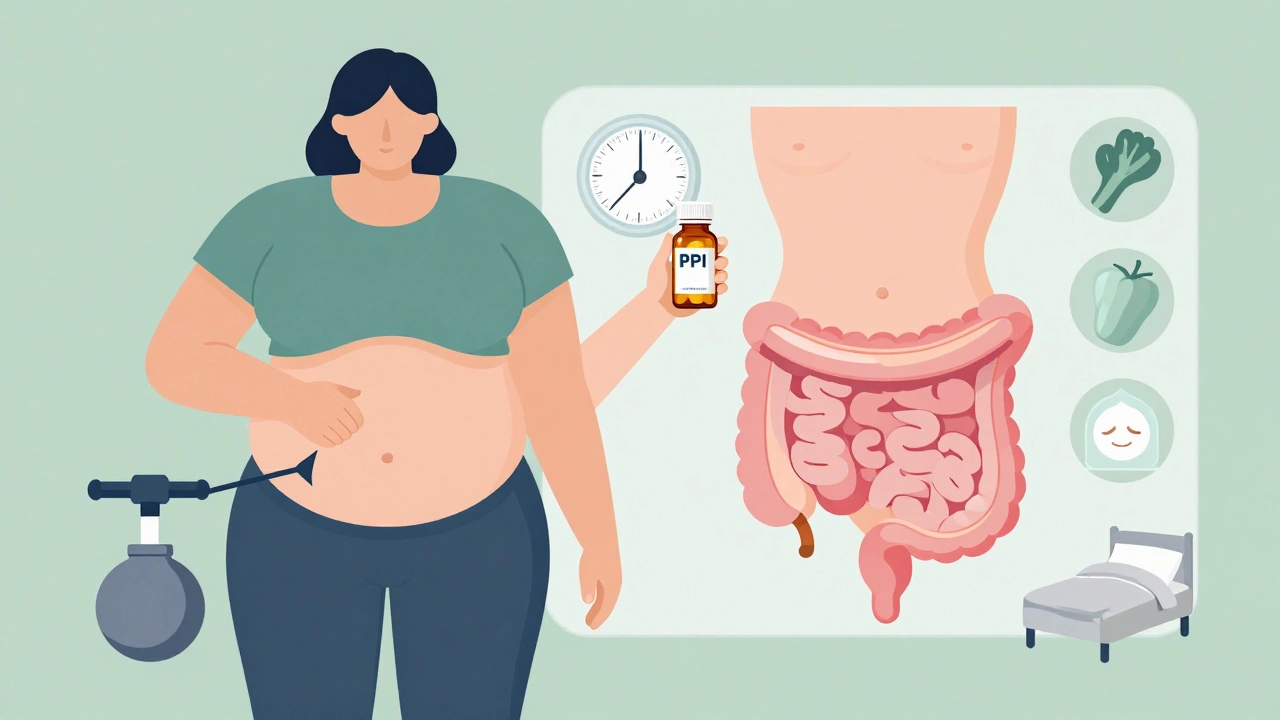 Person holding PPI bottle beside scale, healthy vs. unhealthy digestive system comparison.