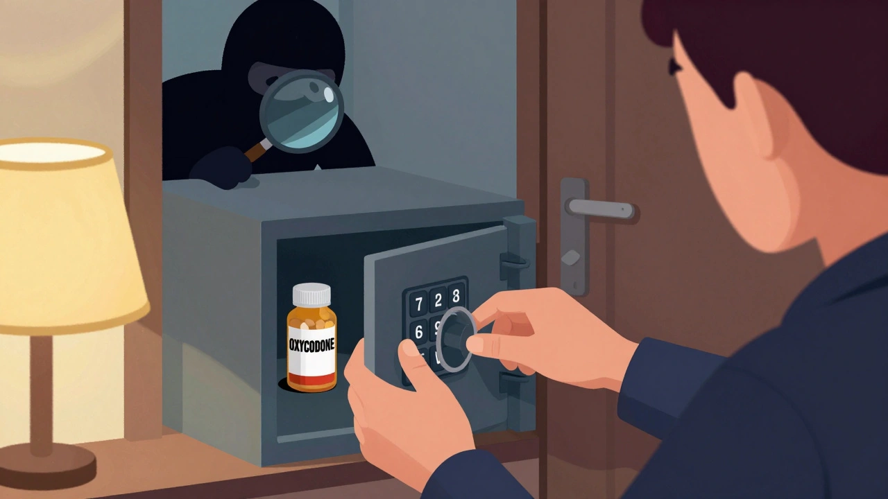 Person securing medication in hotel safe while thief watches, emphasizing safe storage practices.