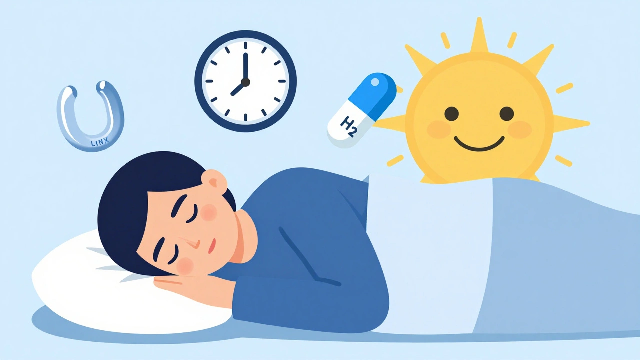 Person sleeping on left side with wedge pillow, LINX device and tapering pills floating nearby.