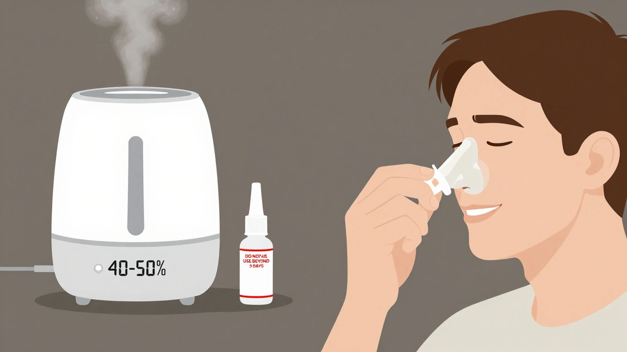 Person using saline rinse with humidifier and decongestant spray symbols